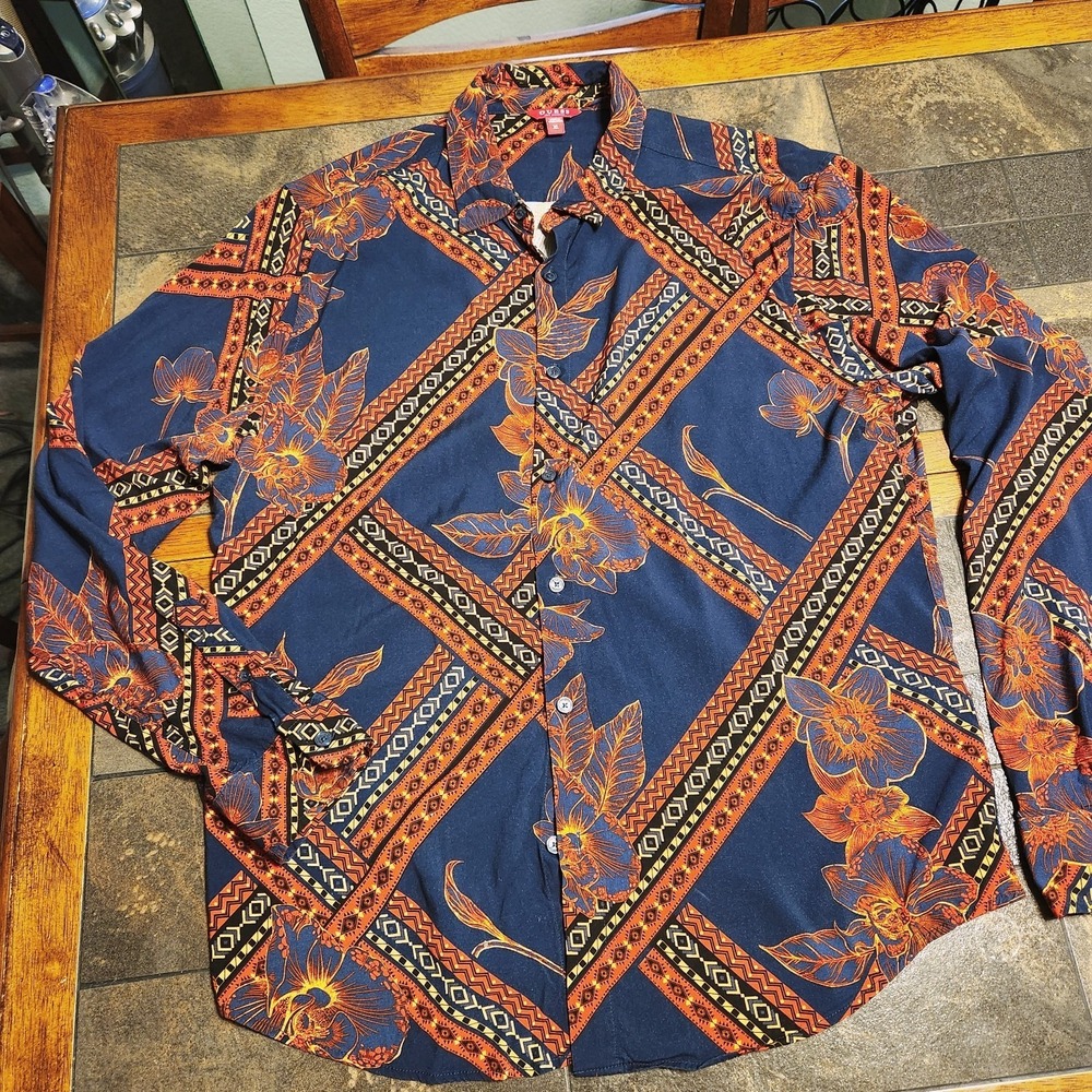 Guess Los Angeles‎ Mens XL Blue Floral Geometric Long Sleeve Cotton Button Up